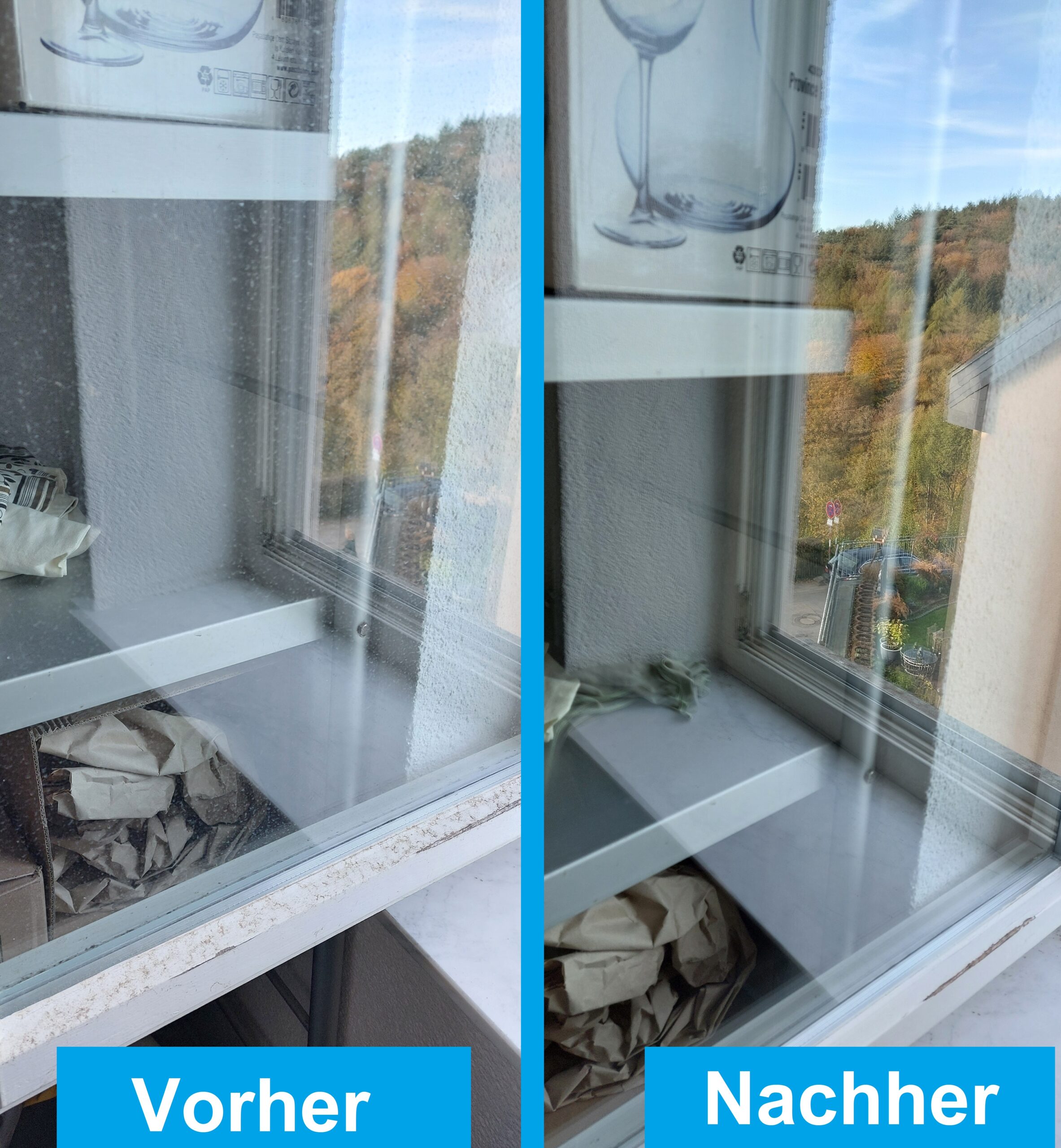 Vorher-Nachher-Foto. Links ein extrem dreckiges Fenster, rechts ein sehr sauberes Fenster mit klarer Sicht.