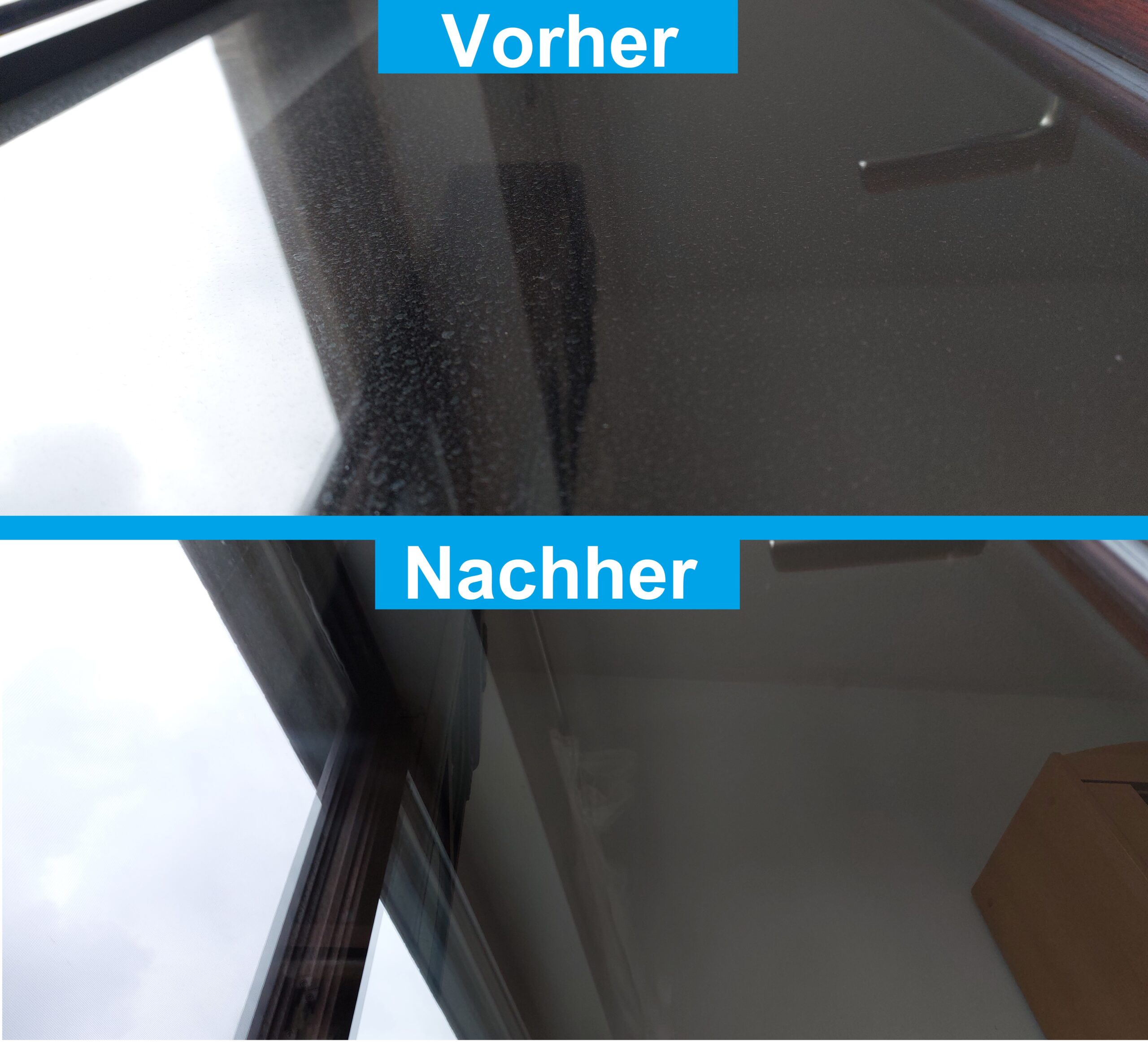 Vorher-Nachher-Foto. Oben ein extrem dreckiges Fenster, unten ein sehr sauberes Fenster mit klarer Sicht.