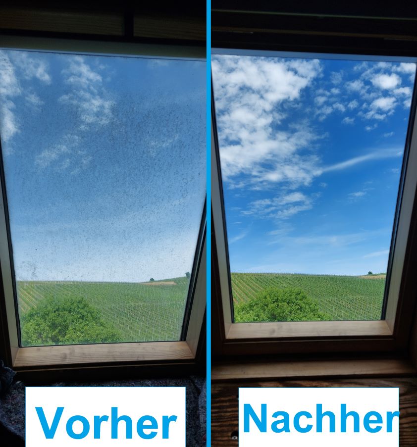 Vorher-Nachher-Foto. Links ein extrem dreckiges Fenster, rechts ein sehr sauberes Fenster mit klarer Sicht.